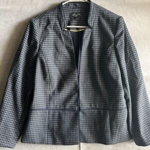 Talbots 14P Petite Navy Gray Houndstooth Open Front Blazer Career Jacket